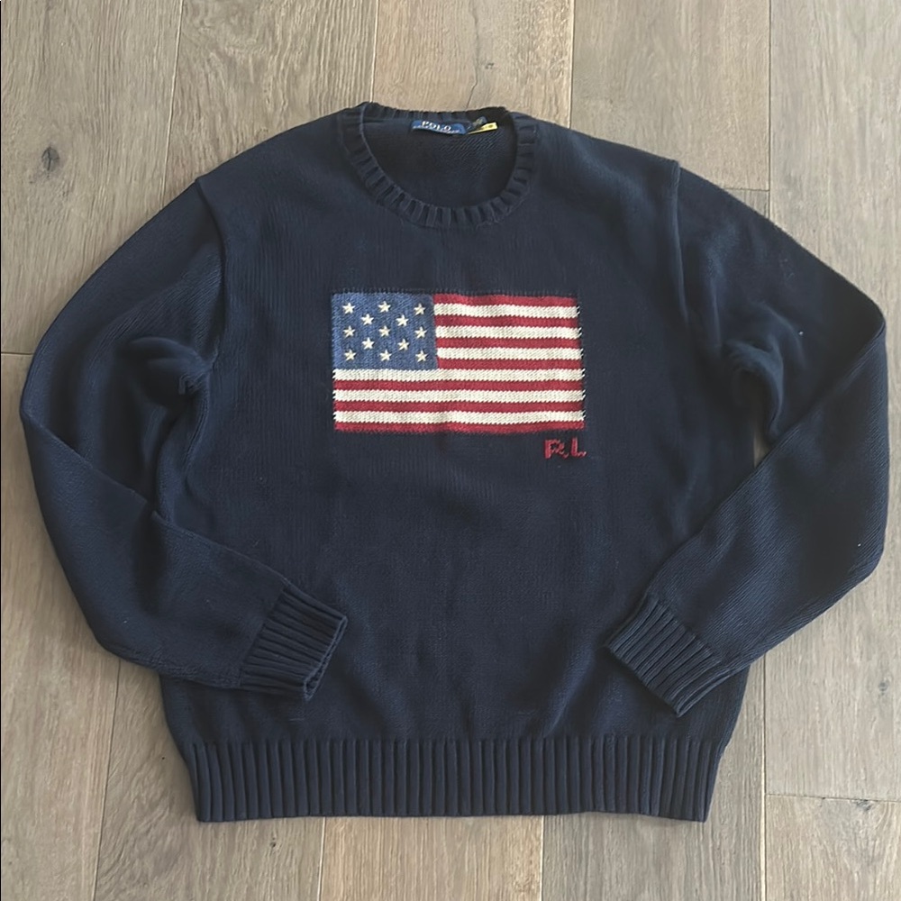 Ralph Lauren Navy Crewneck Sweater with Flag